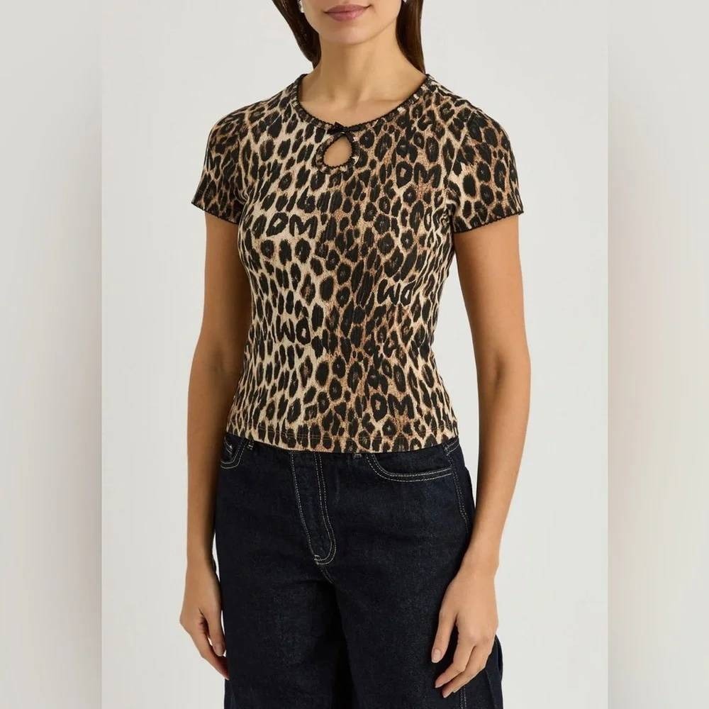Damson Madder Leopard Print Keyhole Ribbed Baby Tee US 10 Marnie Short Sleeve